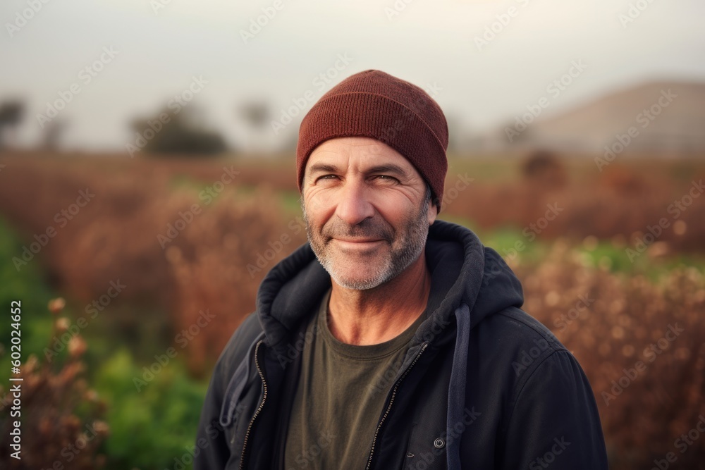 Portrait of a handsome mature man standing in a field wearing a hat Portrait of a handsome mature man standing in a field wearing a hat