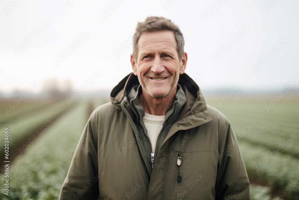 Portrait of smiling mature man standing in field, looking at camera Portrait of smiling mature man standing in field, looking at camera