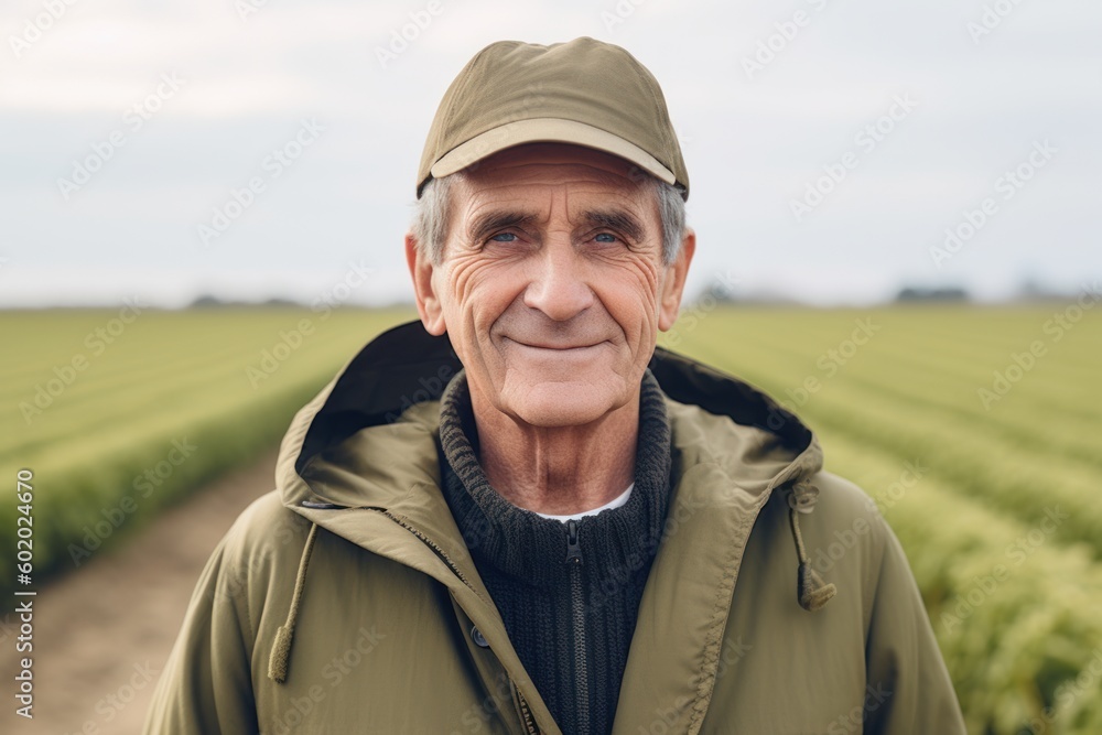 Portrait of happy senior man in cap looking at camera in field