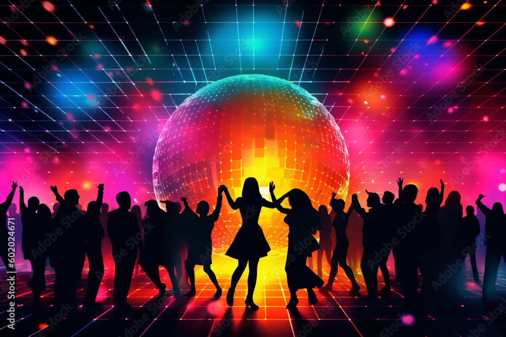 Discokugel mit Partypeople und Discolichtern. Party und Event mit Musik. Querformat. Generative Ai.
