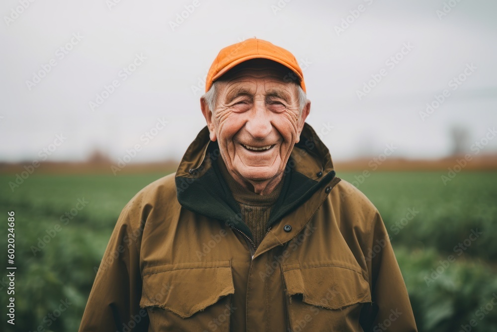 Portrait of a senior farmer standing in his field and smiling.