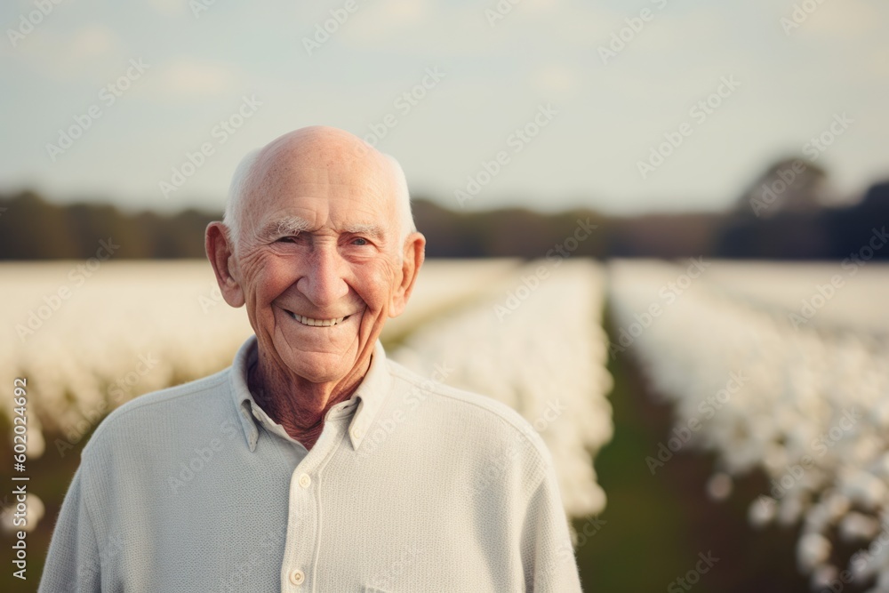 Portrait of a senior man standing in cotton field smiling at camera Portrait of a senior man standing in cotton field smiling at camera
