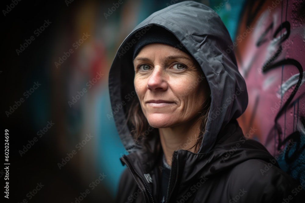 Portrait of a middle-aged woman in a hood on a background of graffiti Portrait of a middle-aged woman in a hood on a background of graffiti