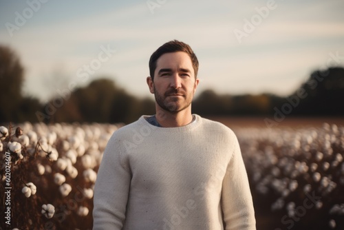 Young handsome man in white sweater standing in cotton field at sunset.