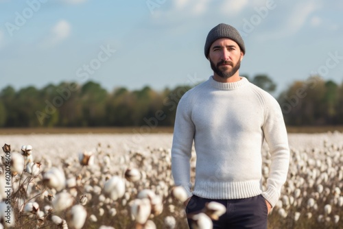 Portrait of a handsome bearded man in a cotton field. Men's beauty, fashion. © Robert MEYNER