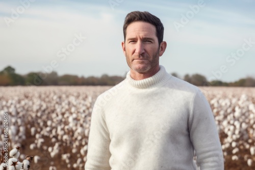 Portrait of a handsome mature man standing in cotton field looking at camera