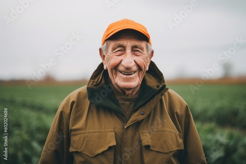 Portrait of a senior farmer standing in his field and smiling.