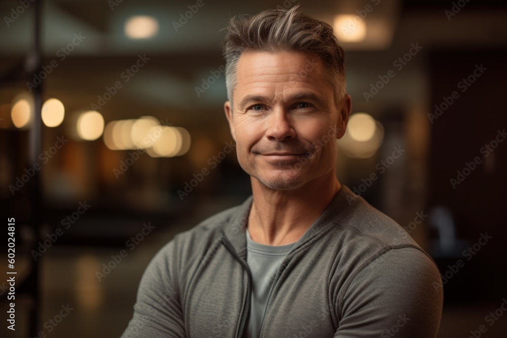 Obraz premium Portrait of handsome mature man smiling at camera in fitness studio.