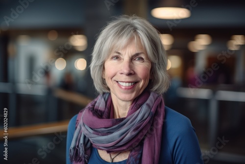 Portrait of smiling senior woman with scarf in corridor of shopping centre