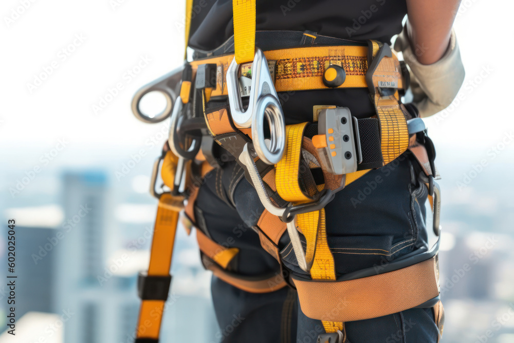 Climber worker with construction safety equipment working at height, safety harness and seat belt closeup. Generative AI Climber worker with construction safety equipment working at height, safety harness and seat belt closeup. Generative AI