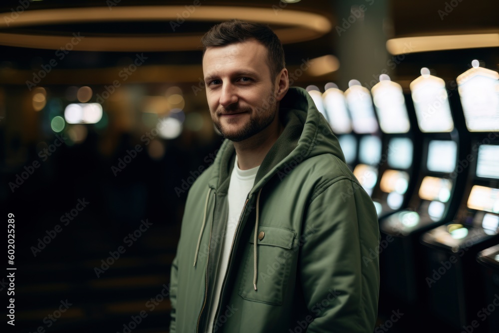 Portrait of a young man in a green jacket at the casino Portrait of a young man in a green jacket at the casino