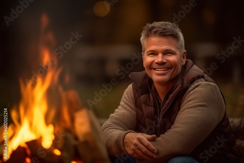 Portrait of happy senior man sitting near bonfire at campsite © Robert MEYNER