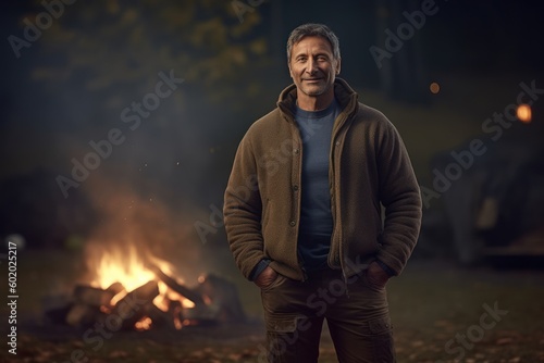 Handsome middle-aged man standing near the campfire.