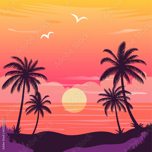 Gradient beach sunset landscape flat