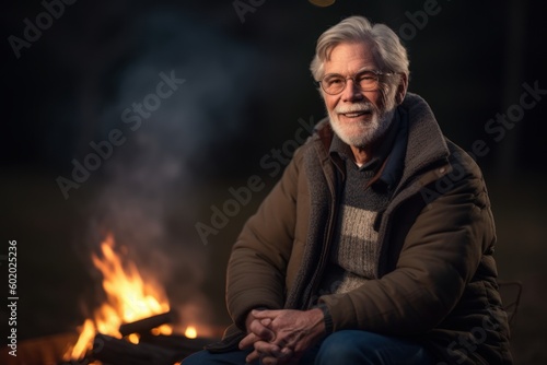Portrait of senior man sitting near bonfire in forest at night