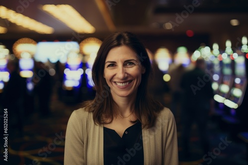 Portrait of a smiling young woman playing slot machine in casino.