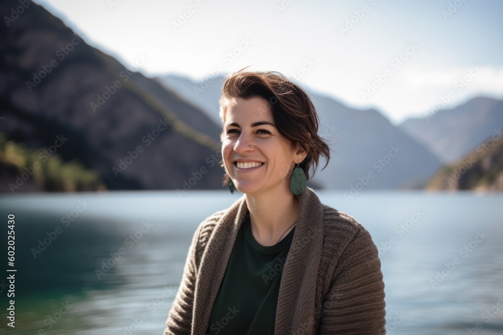 Portrait of a smiling woman standing by the lake in the mountains