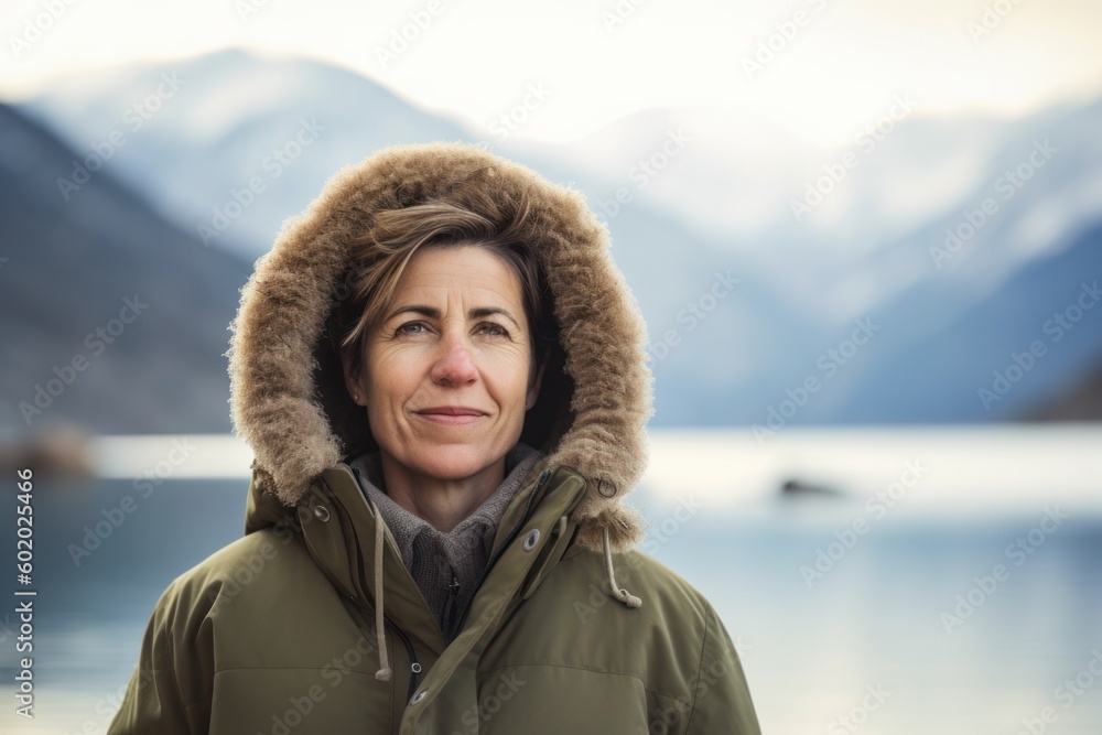 Portrait of mature woman in winter jacket looking at camera at lake Portrait of mature woman in winter jacket looking at camera at lake