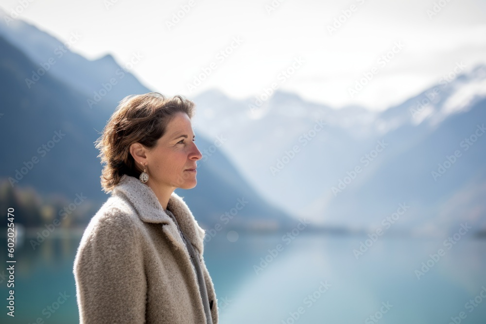 Mature woman standing on a lake shore looking to the side with mountains in the background