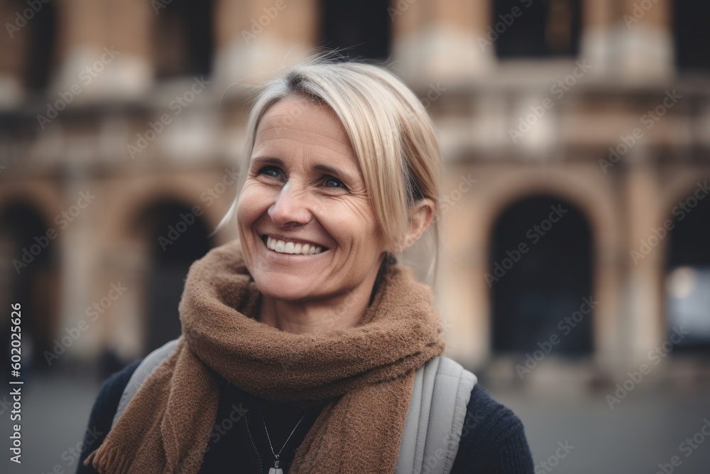 Portrait of a smiling woman with a scarf in the city. Portrait of a smiling woman with a scarf in the city.