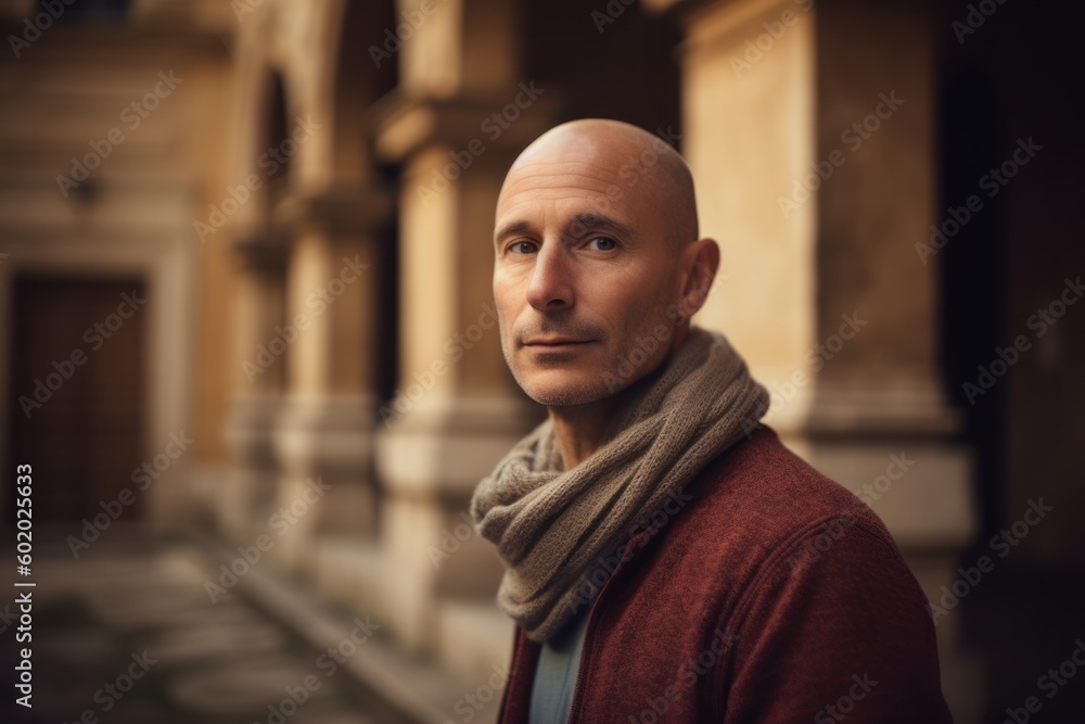 Portrait of a bald man with a scarf on his neck in the city Portrait of a bald man with a scarf on his neck in the city