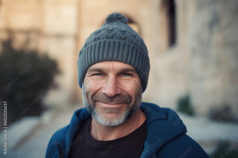 Portrait of a smiling middle-aged man in a hat. Portrait of a smiling middle-aged man in a hat.