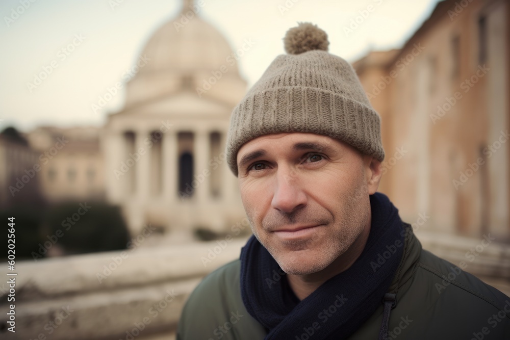 Portrait of a handsome young man in a warm hat and coat in Rome, Italy. Portrait of a handsome young man in a warm hat and coat in Rome, Italy.