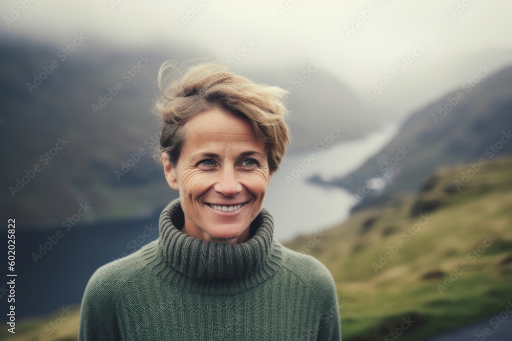 Portrait of smiling senior woman standing by lake in the mountains. Portrait of smiling senior woman standing by lake in the mountains.