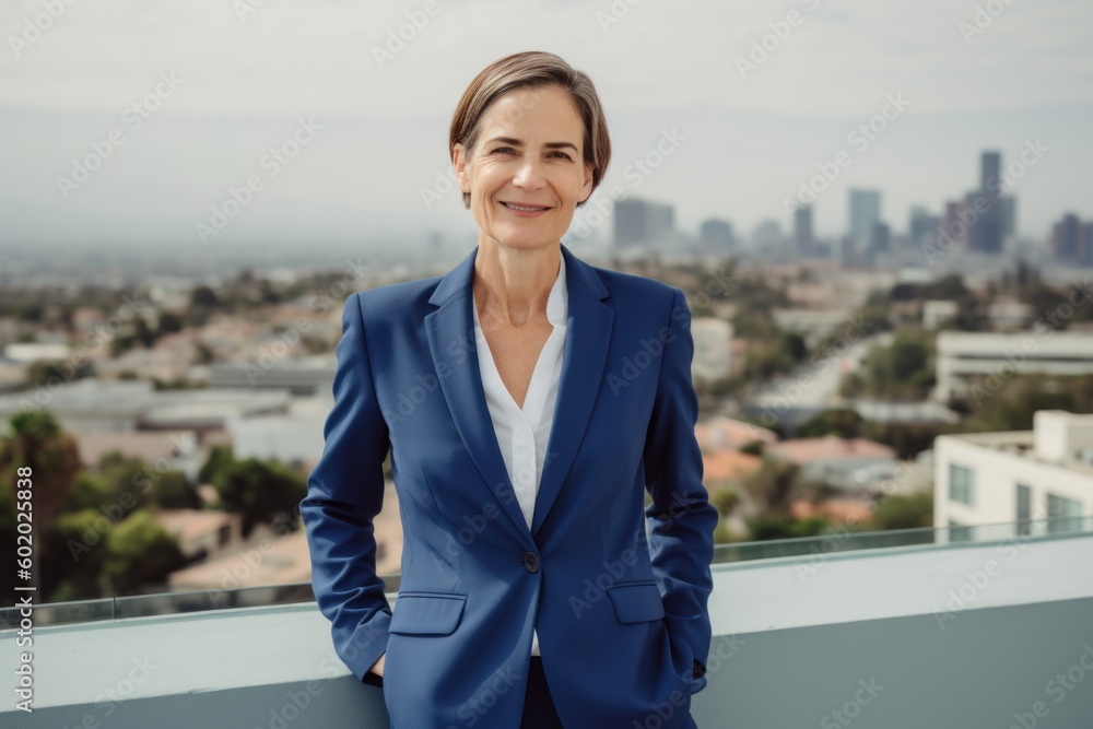 Portrait of smiling businesswoman standing on rooftop with city view in background Portrait of smiling businesswoman standing on rooftop with city view in background