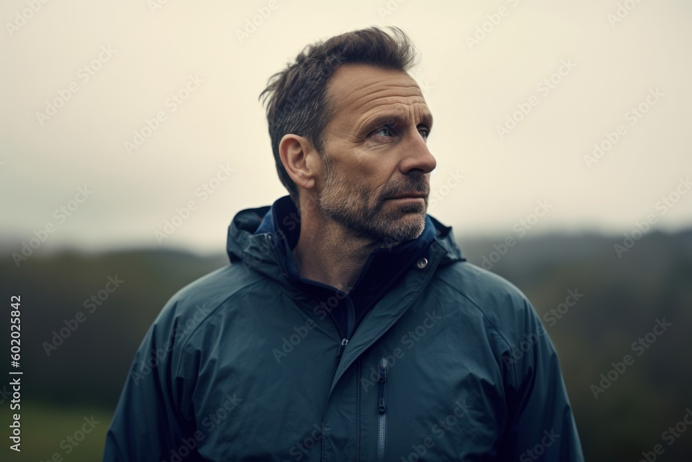 Portrait of a man in a blue jacket looking away from the camera Portrait of a man in a blue jacket looking away from the camera