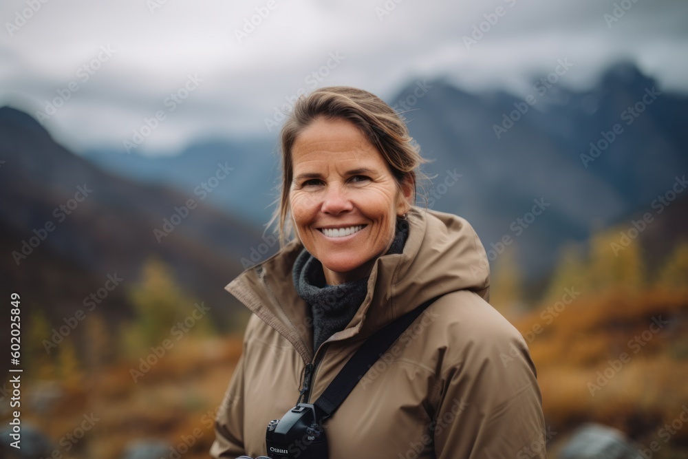 Portrait of a smiling mature woman with backpack hiking in the mountains