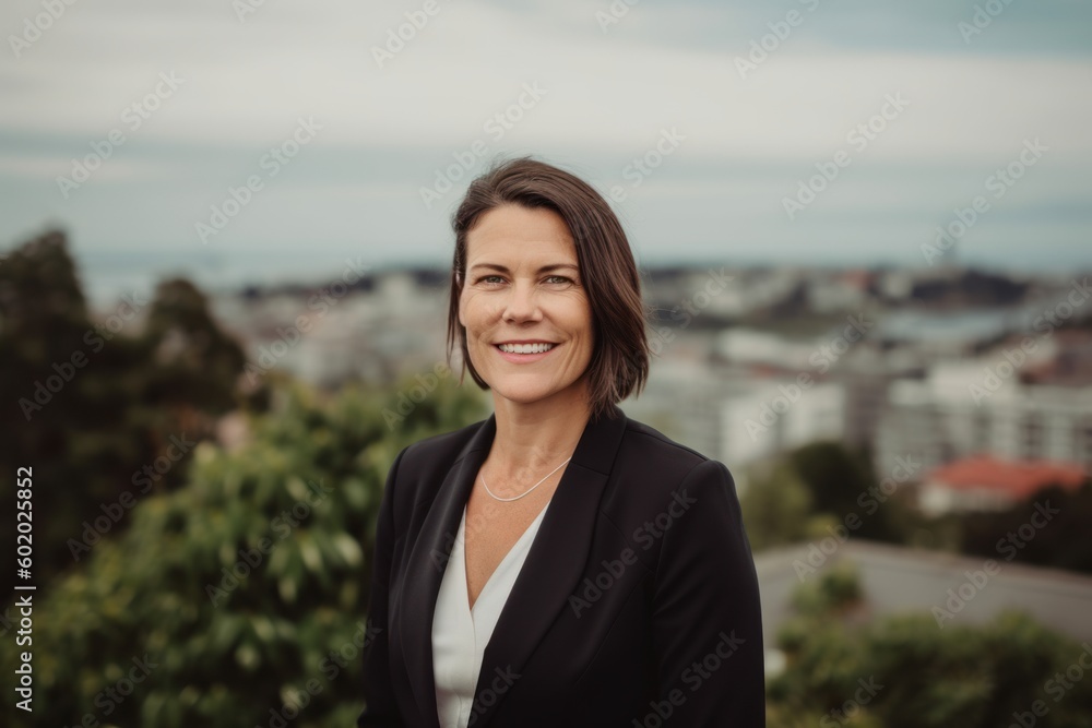 Portrait of a beautiful mature business woman in a black suit, smiling and looking at the camera. Portrait of a beautiful mature business woman in a black suit, smiling and looking at the camera.