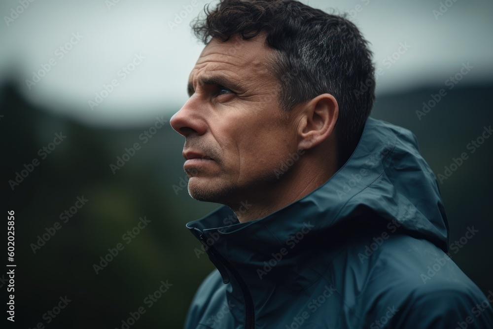 Portrait of a handsome man in a blue jacket on the background of a mountain landscape. Portrait of a handsome man in a blue jacket on the background of a mountain landscape.