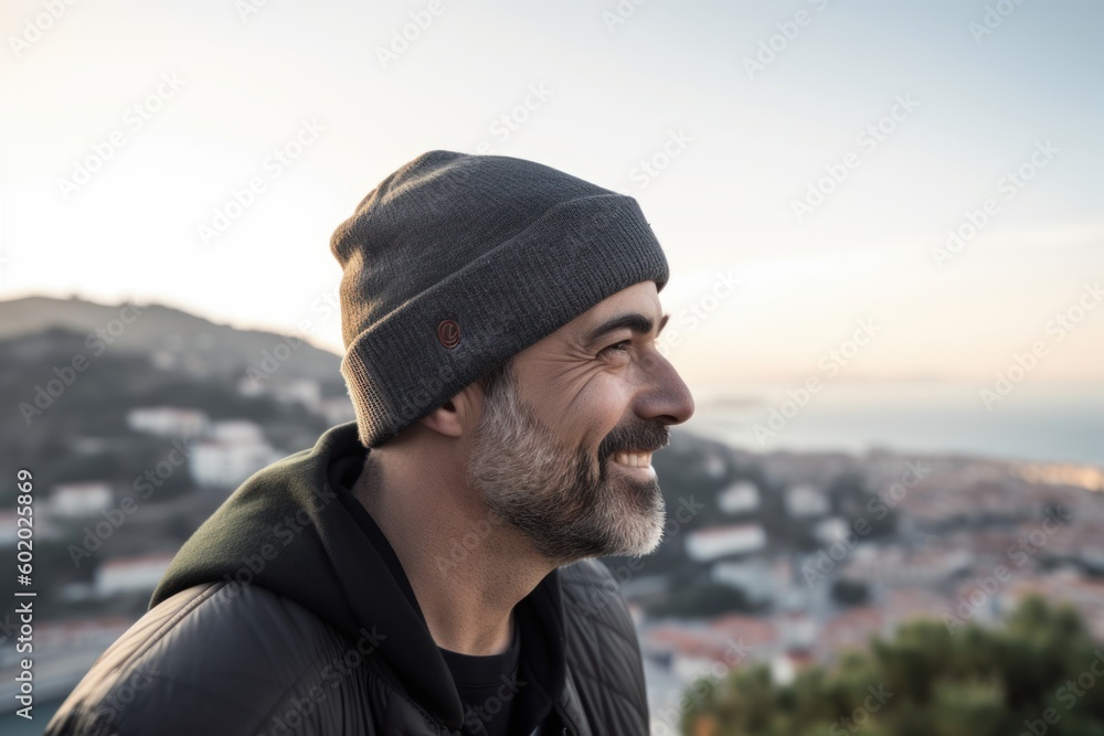 Portrait of a handsome man with grey hair and beard, wearing a black hat and sunglasses, looking at the sea and smiling. Portrait of a handsome man with grey hair and beard, wearing a black hat and sunglasses, looking at the sea and smiling.