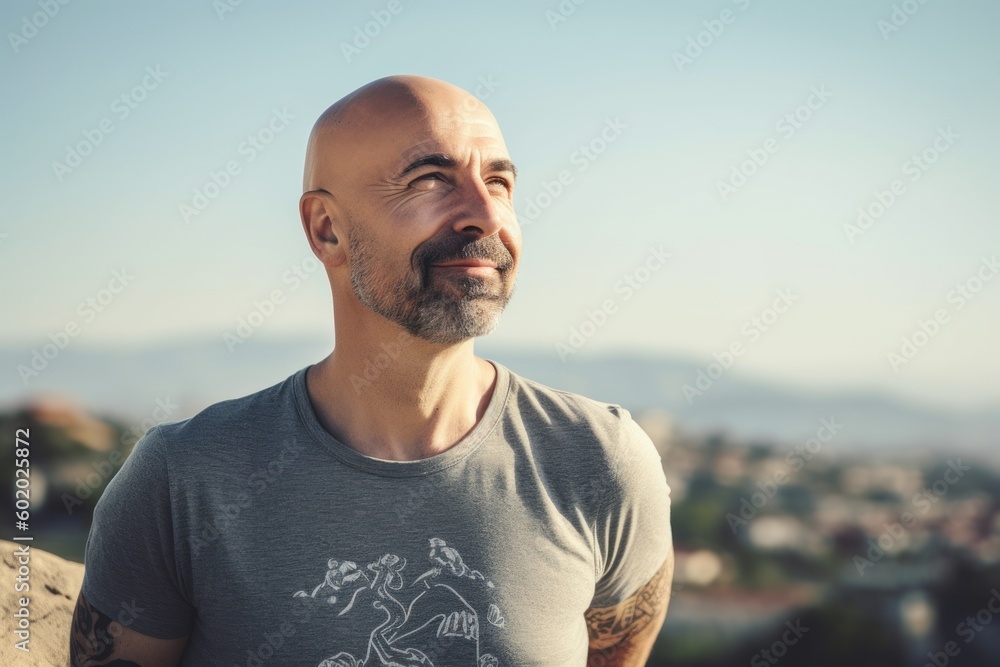 Portrait of a handsome bald man with tattoos on his arms. He is looking away and smiling.