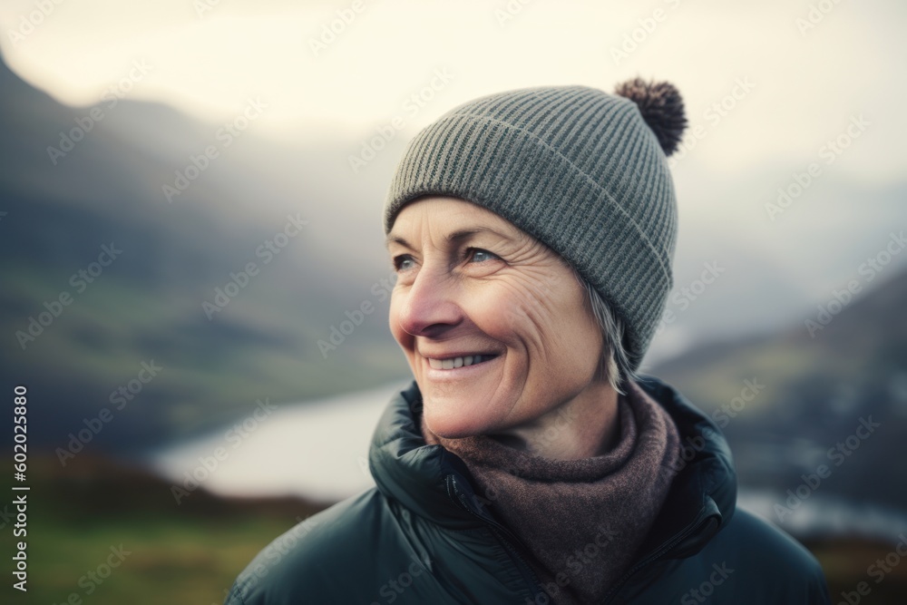 Portrait of a smiling senior woman standing in the mountains, looking away Portrait of a smiling senior woman standing in the mountains, looking away