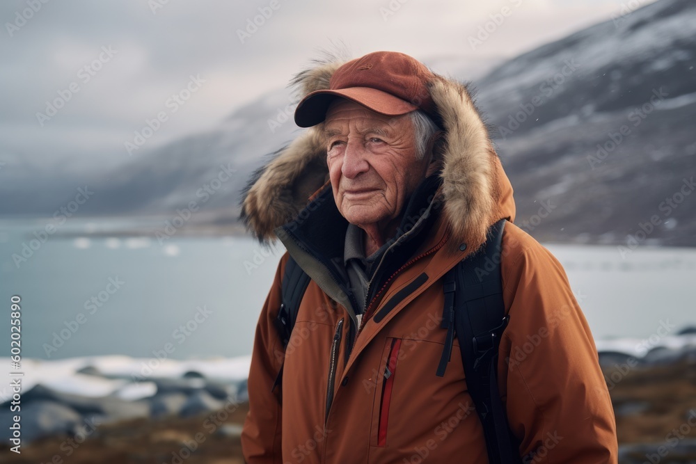 Elderly man in a warm jacket and cap on the background of the sea.