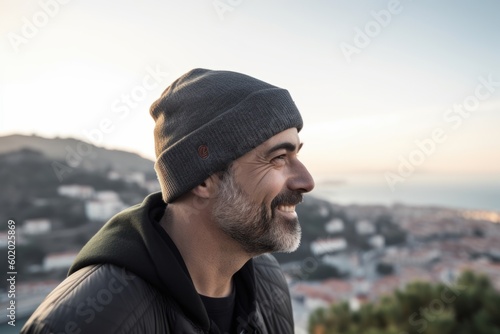 Portrait of a handsome man with grey hair and beard, wearing a black hat and sunglasses, looking at the sea and smiling.