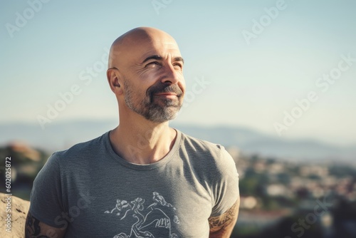 Portrait of a handsome bald man with tattoos on his arms. He is looking away and smiling.