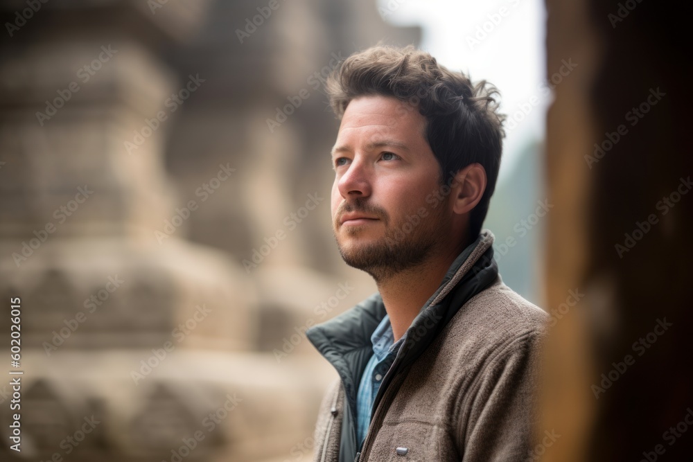 Handsome young man in front of a stone wall in the city Handsome young man in front of a stone wall in the city