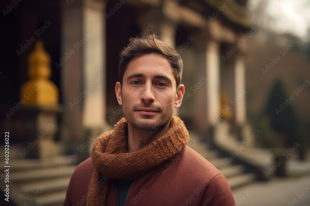 Portrait of a handsome young man wearing scarf and coat standing ...