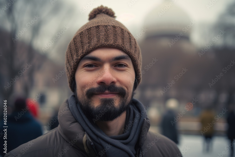 young handsome bearded hipster man in winter hat outdoors in the city young handsome bearded hipster man in winter hat outdoors in the city