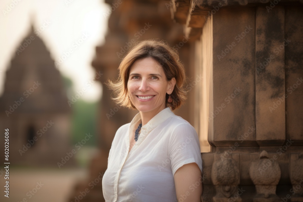 Portrait of a smiling middle-aged woman standing in front of an ancient temple Portrait of a smiling middle-aged woman standing in front of an ancient temple