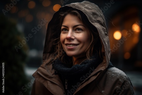 Portrait of a beautiful young woman in a raincoat at night.