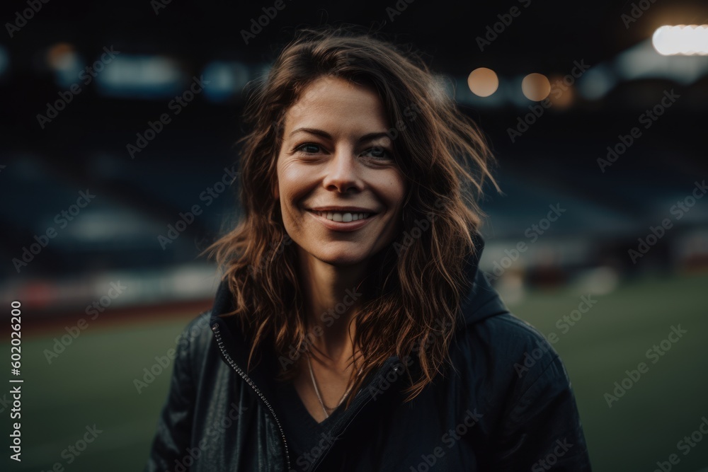 Portrait of a beautiful young woman in sportswear smiling at the camera while standing at the stadium
