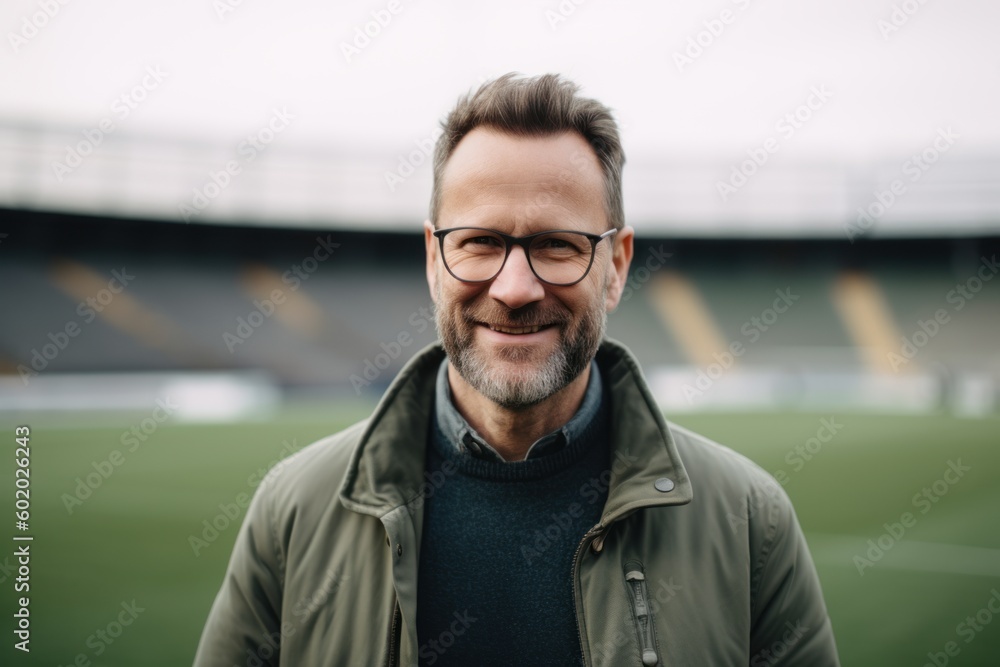 smiling mature man in eyeglasses looking at camera while standing on football field smiling mature man in eyeglasses looking at camera while standing on football field