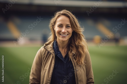 Portrait of smiling woman standing in front of a soccer stadium. © Robert MEYNER