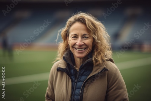 Portrait of happy senior woman smiling at camera while standing in football stadium