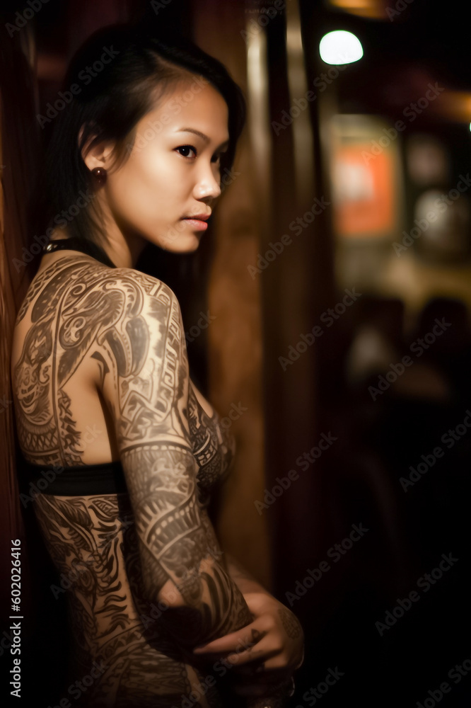 A tattoo Asian model with intricate Dayak inspired body art poses in