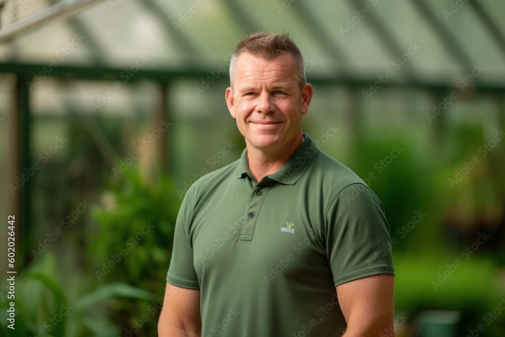 Environmental portrait photography of a pleased man in his 40s wearing a sporty polo shirt against a greenhouse or conservatory background. Generative AI